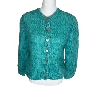Womens Hand Knit Teal Knit Button Up Cardigan Sweater Loose Weave Lightweight M